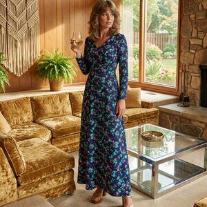 🌸 VTG 70s Handmade Floral Maxi Dress Navy Pink Blue Gown 💙